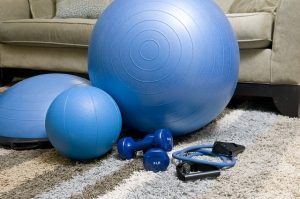 Home fitness equipment - yoga ball, weights etc.