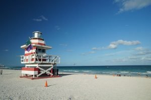 Miami Beach coastline, with a safegurd tower