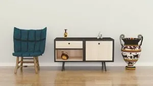 chair, cabinet, vase