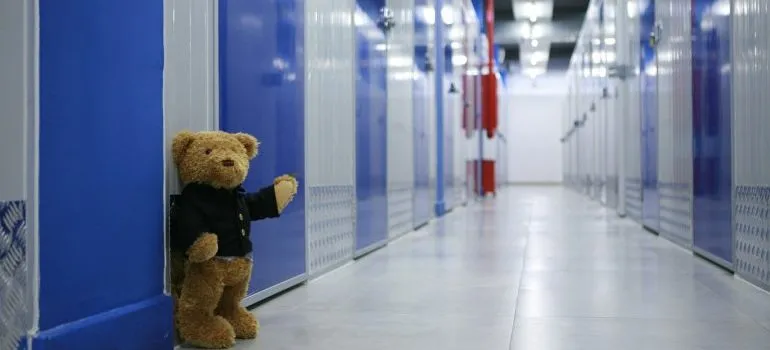 A teddy bear in front of storage units.