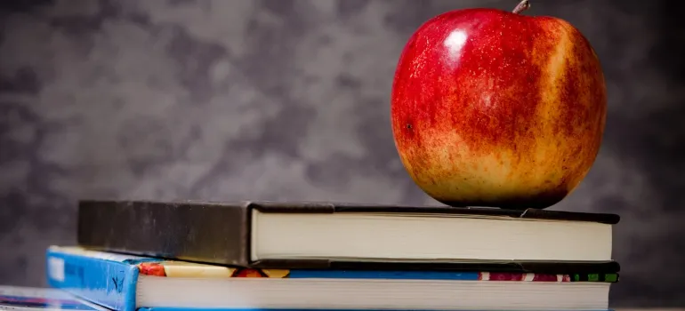 a red apple standing on a couple of books