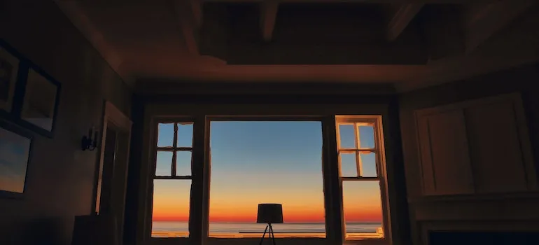 a sunset through the window 