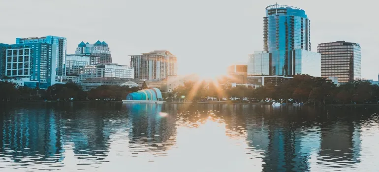 Orlando City buildings during the sunrise